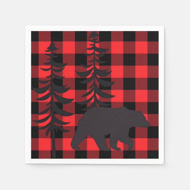 Red Plaid Black Bear Silhouette Napkins (Front)