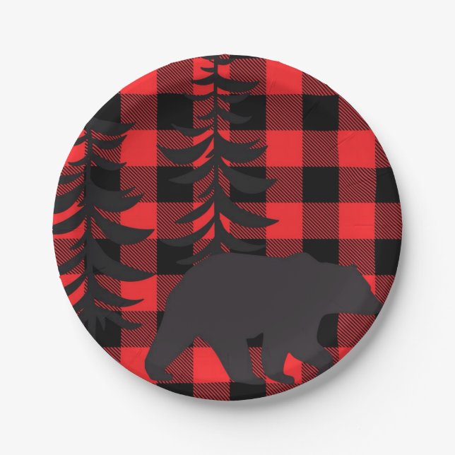 Red Plaid Black Bear Silhouette Paper Plates (Front)