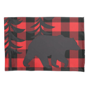 Red Plaid Black Bear Silhouette Pillow Case