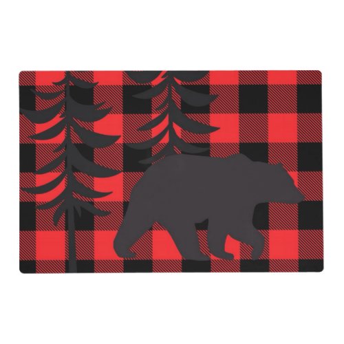 Red Plaid Black Bear Silhouette Placemat