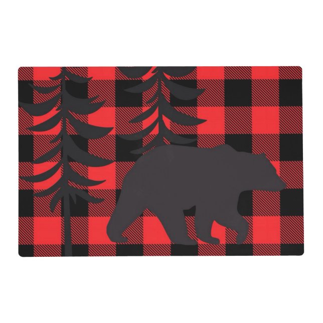 Red Plaid Black Bear Silhouette Placemat (Back)