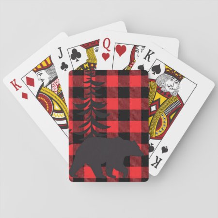 Red Plaid Black Bear Silhouette Playing Cards
