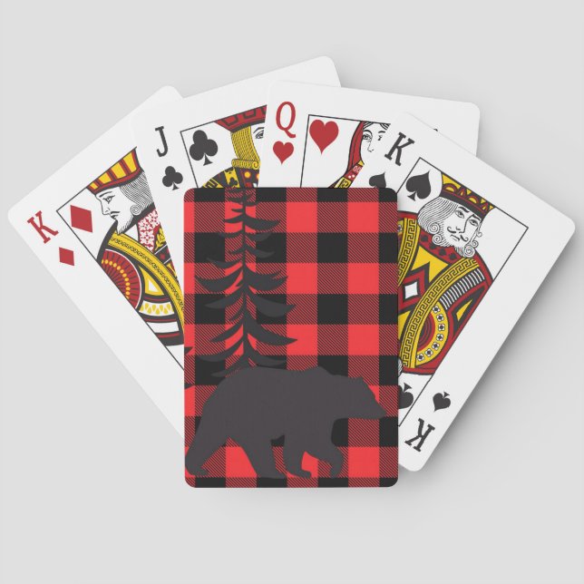 Red Plaid Black Bear Silhouette Poker Cards (Back)