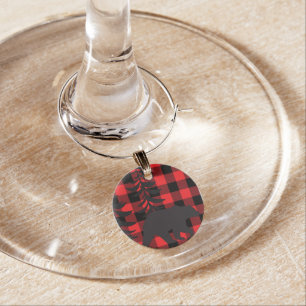 Red Plaid Black Bear Silhouette Wine Charm