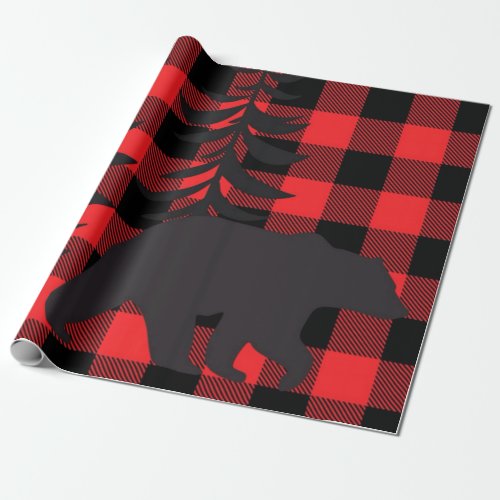Red Plaid Black Bear Silhouette Wrapping Paper