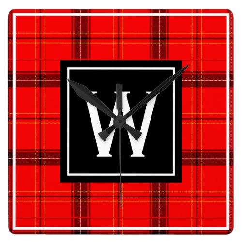 Red Plaid Black Tartan Custom Monogram Initial Square Wall Clock