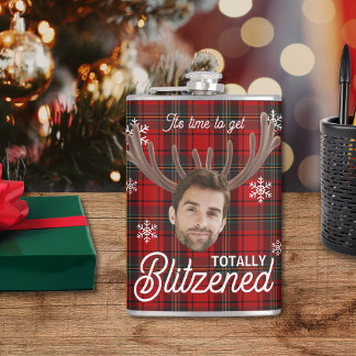 Red Plaid Blitzened Holiday Humor Drinking Flask
