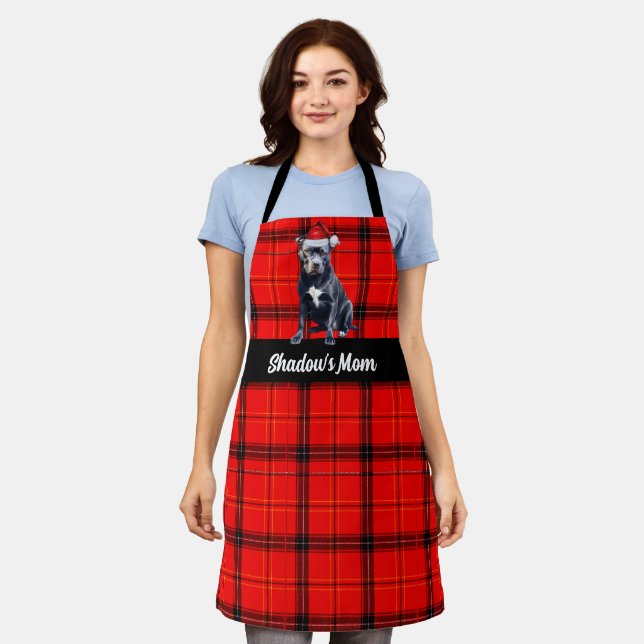 Red Plaid Bluenose Pit Bull Santa Dog Christmas Apron (Worn)