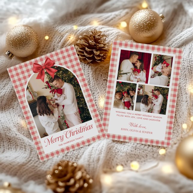 Red Plaid Boho Bow Ribbon 5 Photo Holiday Card (Creator Uploaded)