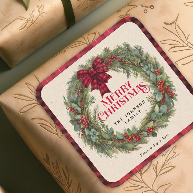 Red Plaid Bow Watercolor Wreath Family Christmas Square Sticker (Creator Uploaded)