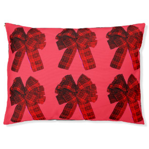 Red Plaid Bows on Coral Pet Bed