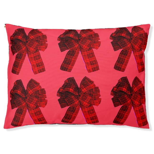 Red Plaid Bows on Coral Pet Bed (Front)