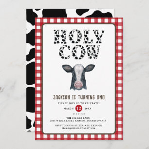 Red Plaid Boy Holy Cow First Birthday  Invitation