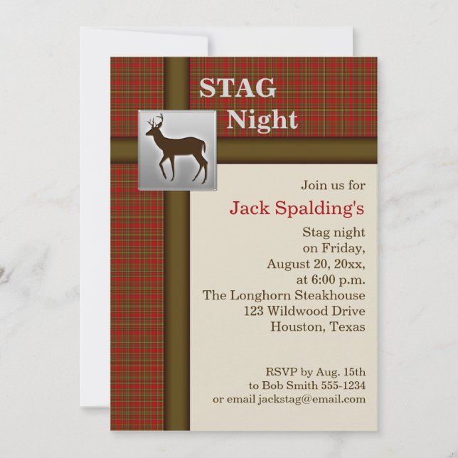 Red Plaid, Brown, and Silver Stag Invitation (Front)