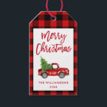 Red Plaid Brush Script Christmas Vintage Truck Gift Tags<br><div class="desc">Brush Script Watercolor Vintage Red Truck with Christmas Tree Gift Tag - Red Plaid</div>