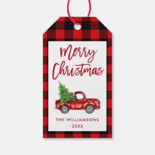 Red Plaid Brush Script Christmas Vintage Truck Gift Tags