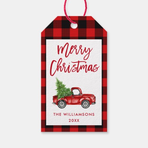 Red Plaid Brush Script Christmas Vintage Truck Gift Tags