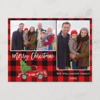 Red Plaid Brush Script Truck 2 Photo Christmas