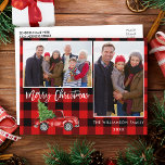 Red Plaid Brush Script Truck 2 Photo Christmas Postcard<br><div class="desc">Modern Brush Script Watercolor Vintage Red Truck with Christmas Tree - Merry Christmas Family 2 Photo Red Plaid Postcard</div>