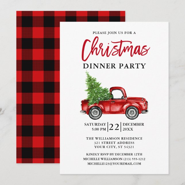 Red Plaid Brush Script Truck Christmas Party Invitation (Front/Back)