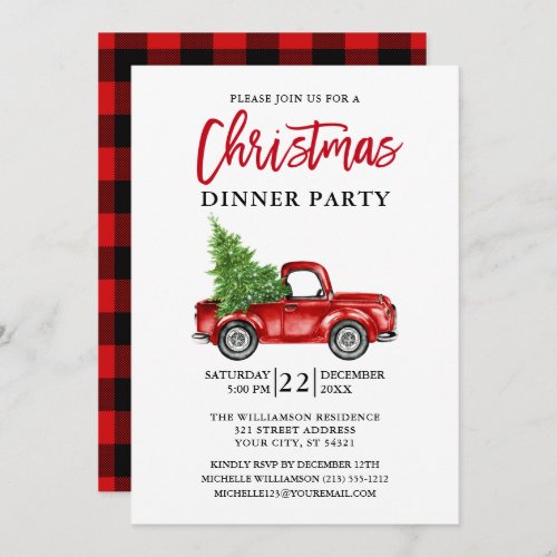 Red Plaid Brush Script Truck Christmas Party Invitation