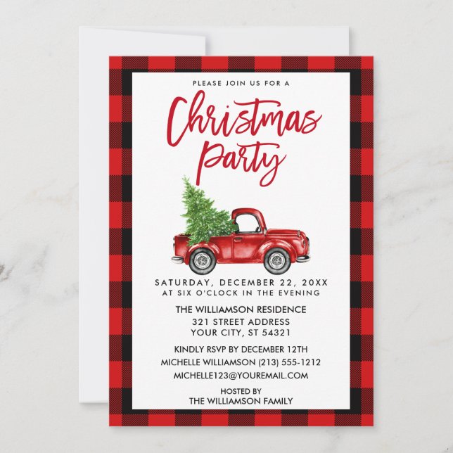 Red Plaid Brush Script Truck Christmas Party Invitation (Front)