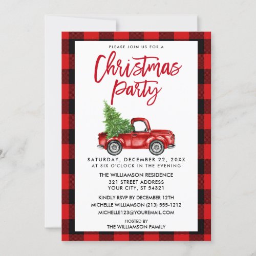 Red Plaid Brush Script Truck Christmas Party Invitation