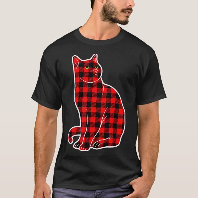 Red Plaid Buffalo Cat Christmas Pajamas Girls T-Shirt (Front)
