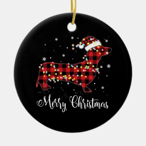 Red Plaid Buffalo Dachshund Merry Christmas Pajama Ceramic Ornament