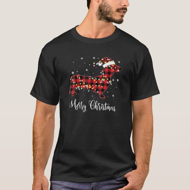 Red Plaid Buffalo Dachshund Merry Christmas Pajama T-Shirt (Front)