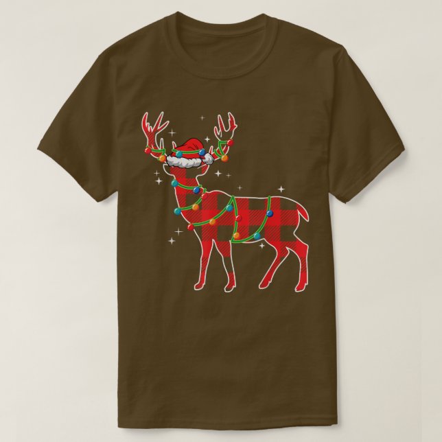 Red Plaid Buffalo Deer Christmas Pajamas Xmas Ligh T-Shirt (Design Front)