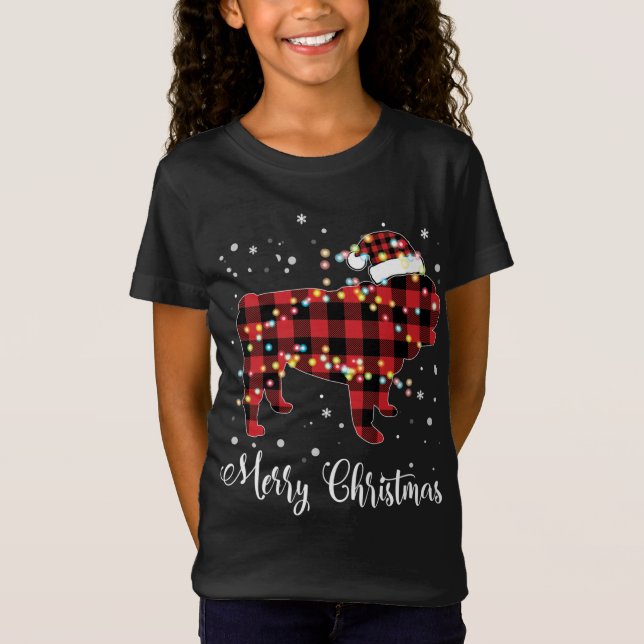 Red Plaid Buffalo English Bulldog Merry Christmas  T-Shirt (Front)
