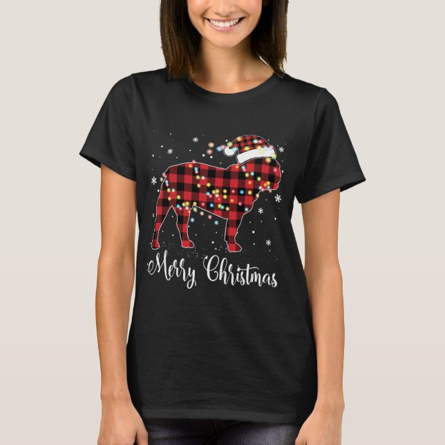 Red Plaid Buffalo French Bulldog Merry Christmas P T-Shirt (Front)