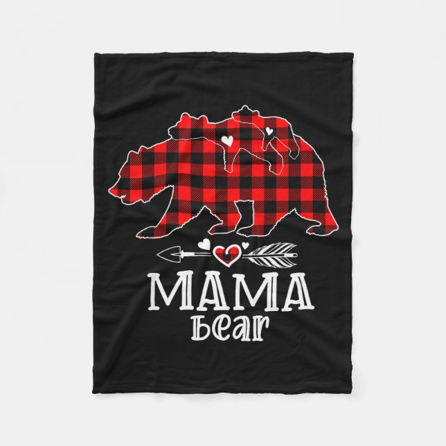 Red Plaid Buffalo Mama Bear Christmas Pajamas Fami Fleece Blanket (Front)