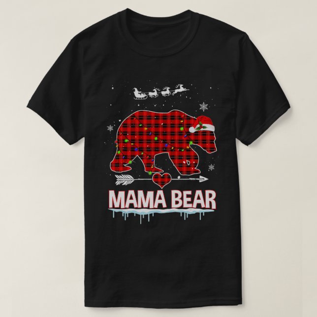 Red Plaid Buffalo Mama Bear Christmas Pajamas Fami T-Shirt (Design Front)