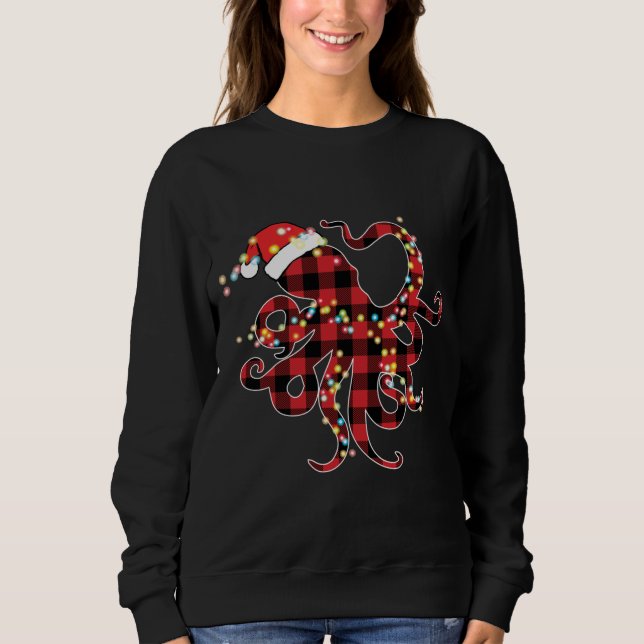 Red Plaid Buffalo Octopus Christmas Lights Pajamas Sweatshirt (Front)
