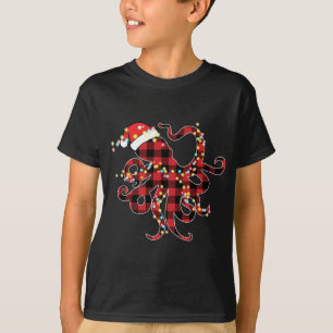 Red Plaid Buffalo Octopus Christmas Lights Pajamas T-Shirt