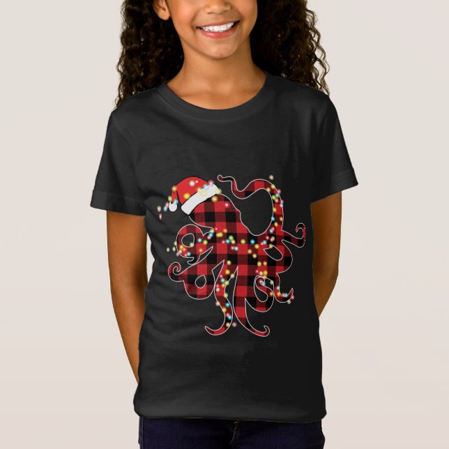 Red Plaid Buffalo Octopus Christmas Lights Pajamas T-Shirt (Front)