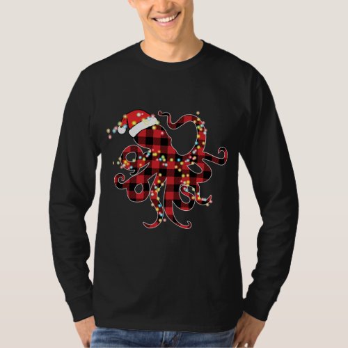 Red Plaid Buffalo Octopus Christmas Lights Pajamas T_Shirt