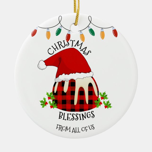 Red Plaid Buffalo Santa Christmas Pudding Ceramic Ornament (Front)