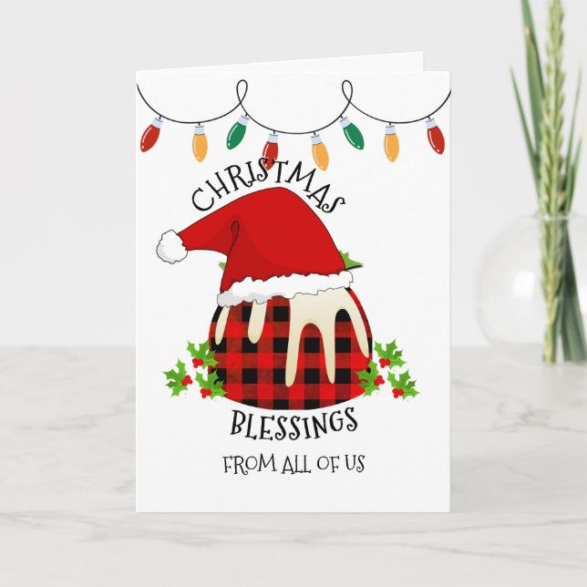 Red Plaid Buffalo Santa Christmas Pudding Holiday Card (Front)