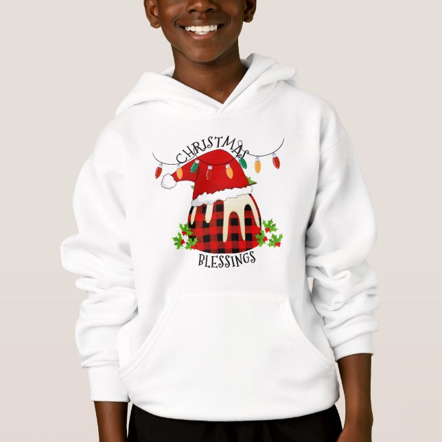 Red Plaid Buffalo Santa Christmas Pudding Kids Hoodie (Front)