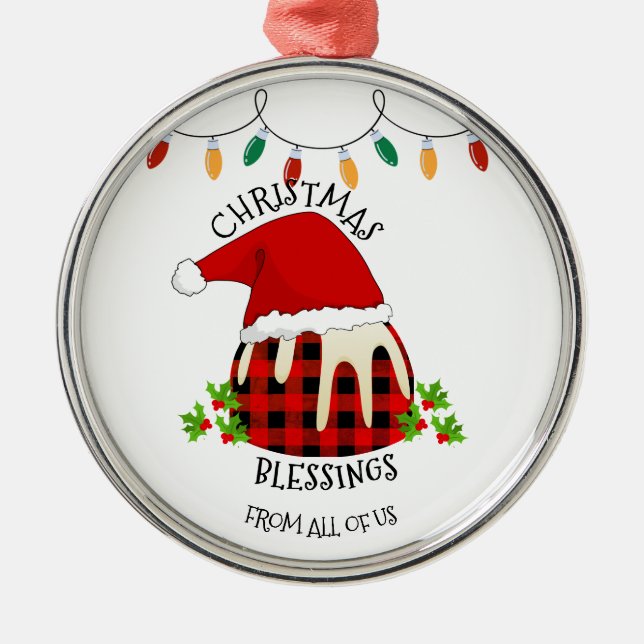 Red Plaid Buffalo Santa Christmas Pudding Metal Ornament (Front)