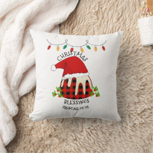 Red Plaid Buffalo Santa Christmas Pudding Throw Pillow