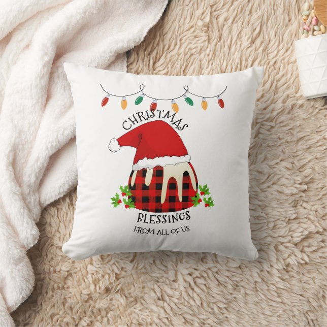 Red Plaid Buffalo Santa Christmas Pudding Throw Pillow (Blanket)