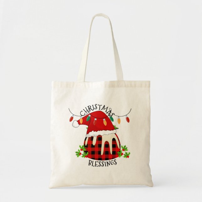 Red Plaid Buffalo Santa Christmas Pudding Tote Bag (Front)