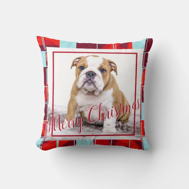 Red Plaid Bulldog Dog Photo Merry Christmas Throw Pillow (Front)