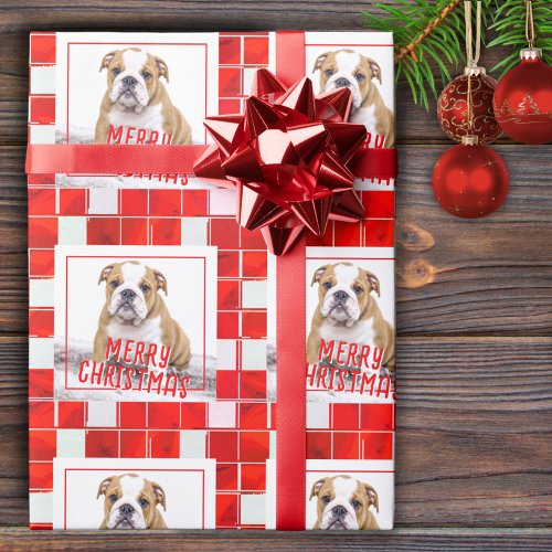 Red Plaid Bulldog Dog Photo Merry Christmas  Wrapping Paper