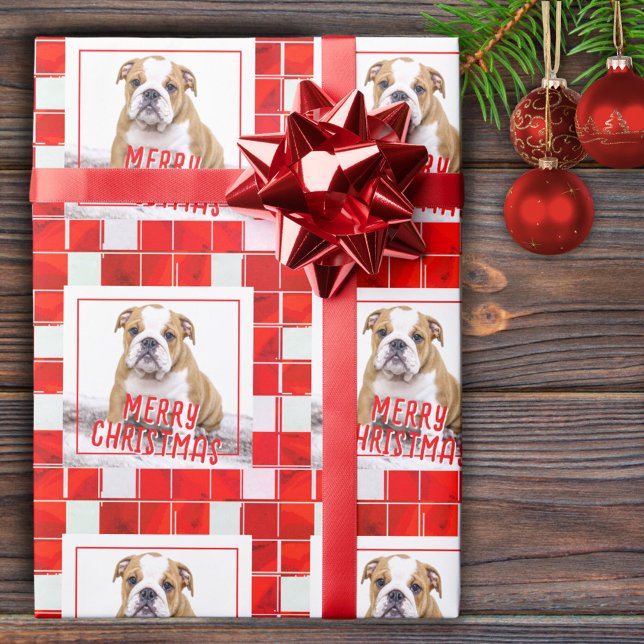 Red Plaid Bulldog Dog Photo Merry Christmas  Wrapping Paper (Creator Uploaded)