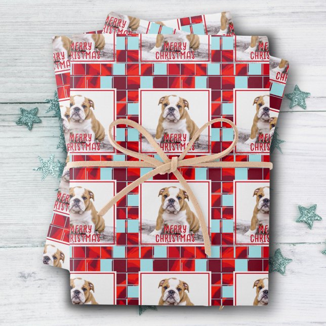 Red Plaid Bulldog Dog Photo Merry Christmas  Wrapping Paper Sheets (Creator Uploaded)